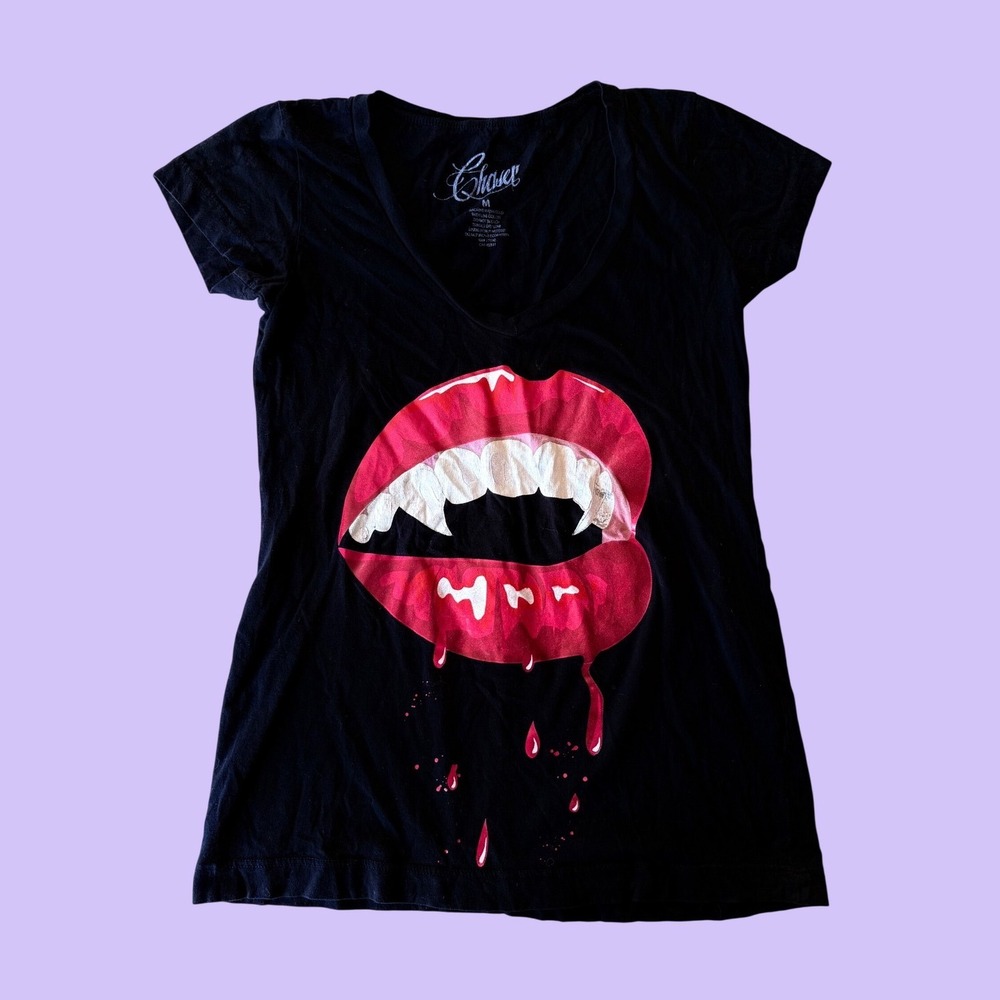 Y2K Chaser Vampire Lips Fangs Graphic V-Neck T-Shirt Scene Eo #18